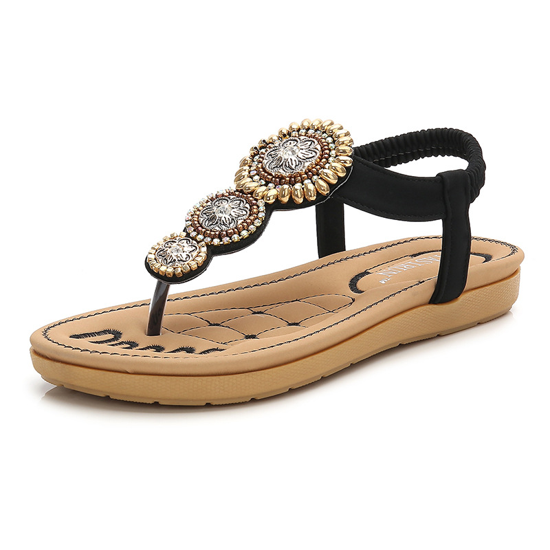 Bohemian Sandals Women's Leisure Travel Beaded Flip Flop Beach Shoes Black - Shop at LoveMi