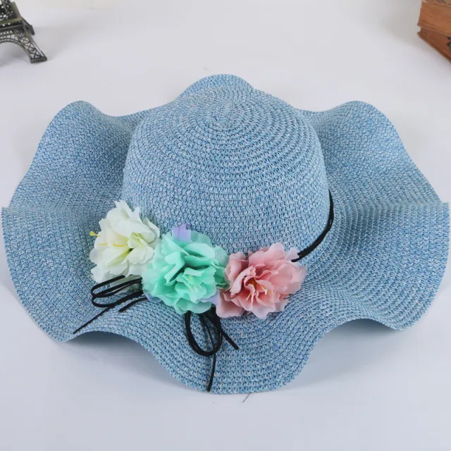 New Hat Three Big Flowers Big Along The Wave Side Female Summer Outdoor Sunshade Beach Hat Blue - Shop at LoveMi