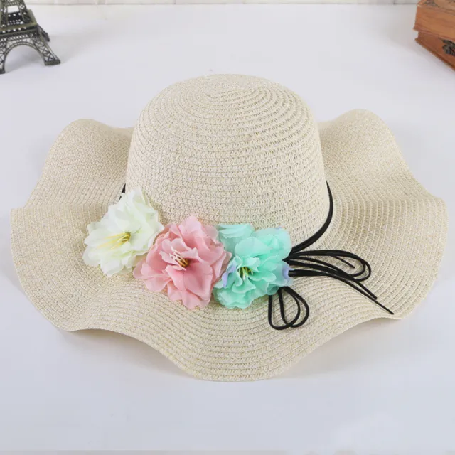 New Hat Three Big Flowers Big Along The Wave Side Female Summer Outdoor Sunshade Beach Hat Beige - Shop at LoveMi