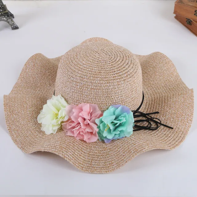 New Hat Three Big Flowers Big Along The Wave Side Female Summer Outdoor Sunshade Beach Hat Khaki - Shop at LoveMi