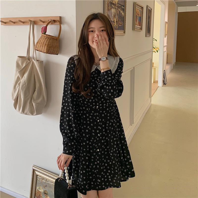 Black Small Floral Long Sleeved Dress Summer New Women's Dress