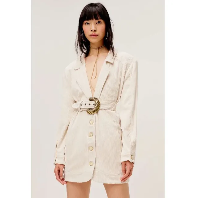 Suit Collar Long Sleeve Single Breasted Mid Length Blazer Top Cream - Shop at LoveMi