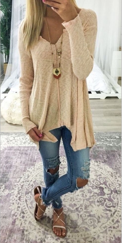 New Women's Sweater Solid Color Hedging Sexy V Neck Irregular Top Women