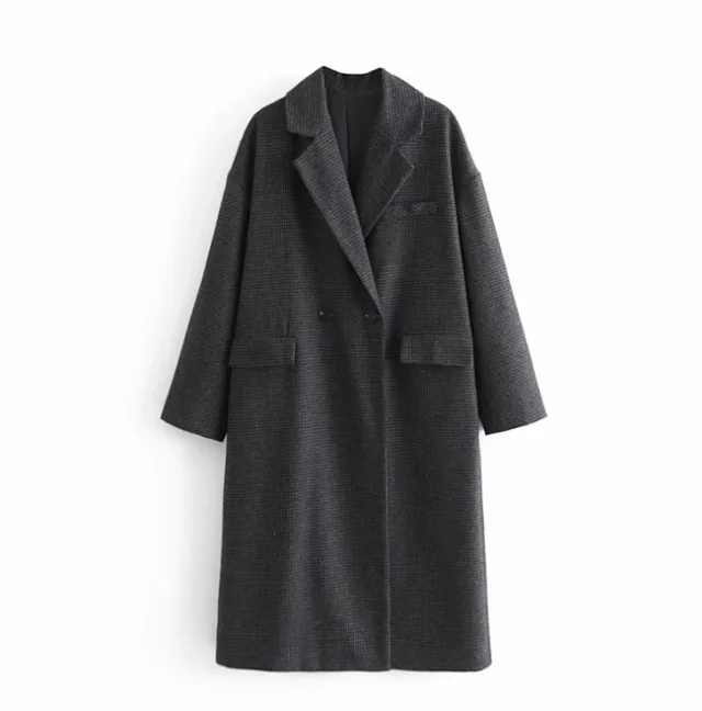 Houndstooth Plus Long Woolen Coat - Shop at LoveMi