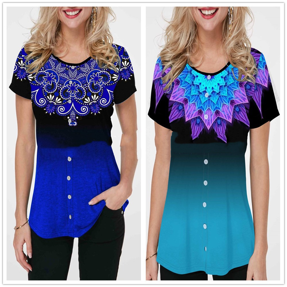 تيشيرت بأكمام قصيرة بطبعة ثلاثية الأبعاد متدرجة وأرجل دائرية