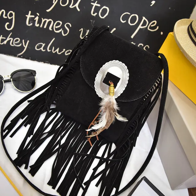 New Bohemian Tassel Messenger Bag Feather Straddle One Shoulder Women'S Bag Black - Shop at LoveMi