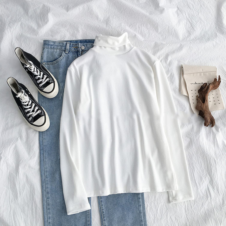 New Spring, Autumn And Winter Black Striped Bottoming Shirt Tops High-Necked Inner Wear Plus Velvet Thickening Bottoming Shirt Women