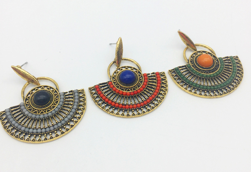 Stud Earrings Bohemian Fan Earrings Rice Beads Semi-circular Earrings Tassels Female Ear Jewelry