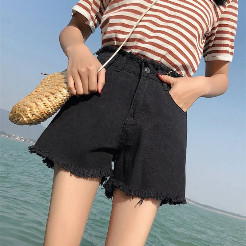 Loose Multi Face Denim Jacket New Swing Women'S Fashion Style Lapel Long Sleeve Windbreaker - Black Shorts