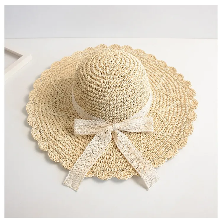 Female Summer Folding Big Eaves Seaside Holiday Lace Sunshade Fishing Hat - Cream