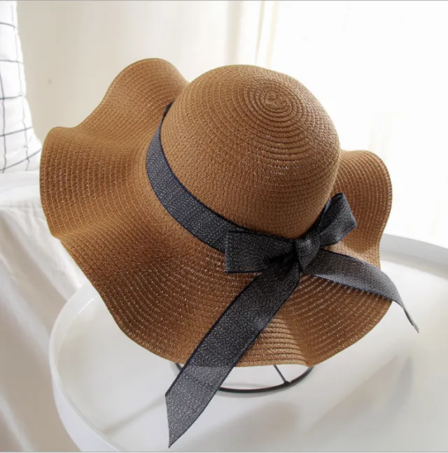 Straw Hat Female Summer Vacation Seaside Sunscreen Bow Korean Sun Hat Coffee - Shop at LoveMi