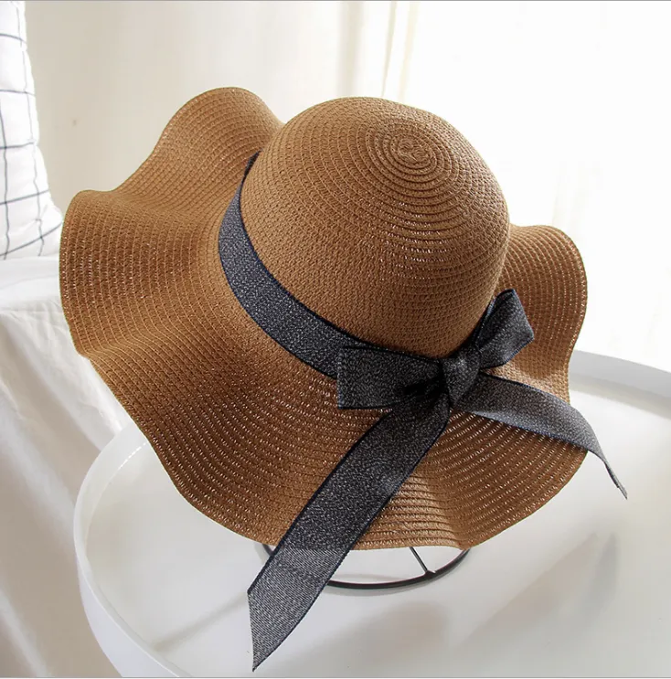 Straw Hat Female Summer Vacation Seaside Sunscreen Bow Korean Sun Hat - Coffee
