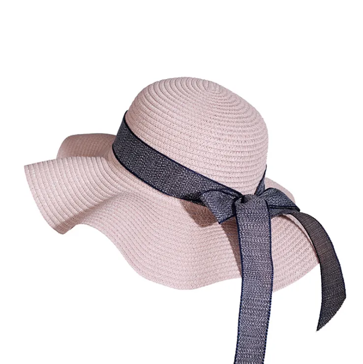 Straw Hat Female Summer Vacation Seaside Sunscreen Bow Korean Sun Hat - Pink
