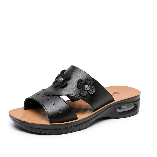 New Mother Sandals Women's Summer Soft Bottom Cushion Non Slip Leather Middle Aged Elderly Comfortable Flat Bottom Middle Aged Sandals Black - Shop at LoveMi