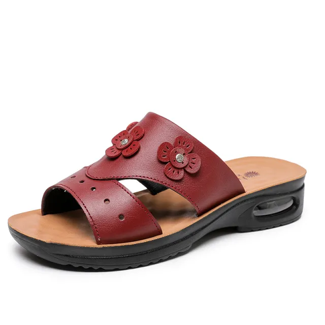 New Mother Sandals Women's Summer Soft Bottom Cushion Non Slip Leather Middle Aged Elderly Comfortable Flat Bottom Middle Aged Sandals Red - Shop at LoveMi