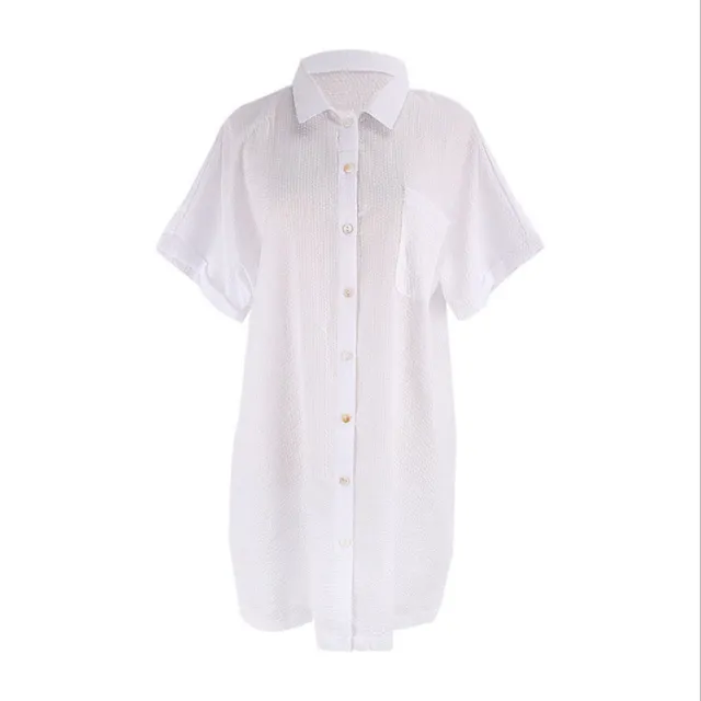 New Style Bubble Check Shirt Style Beach Sunscreen Shirt Vacation Leisure Blouse White - Shop at LoveMi