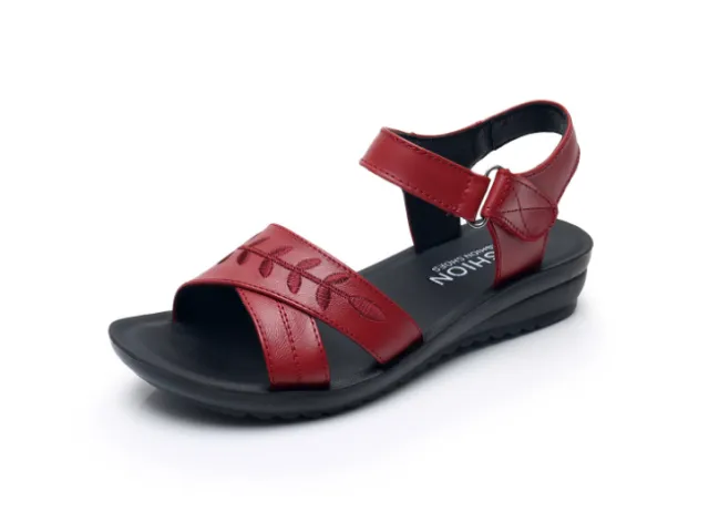 New Casual Leather Soft Bottom Top Layer Cowhide Middle aged And Elderly Large Size non slip Mother's Fashion Shoes Women's Shoes Women's Sandals ... Red - Shop at LoveMi