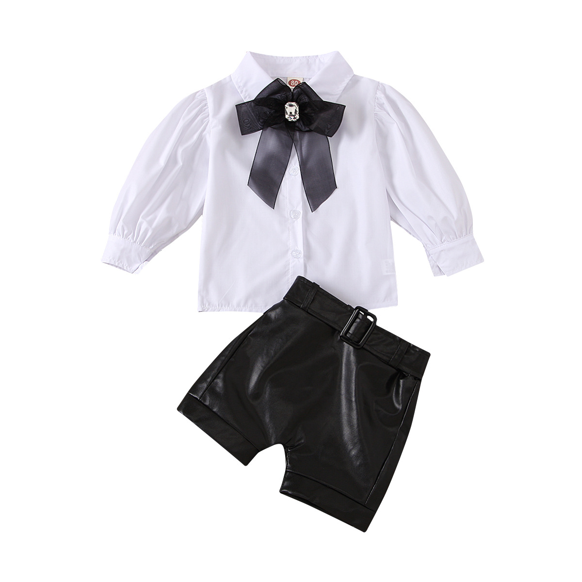 Children's Fall New Fashion Puff Sleeve White Shirt and Leather Pants Free Bow And Belt