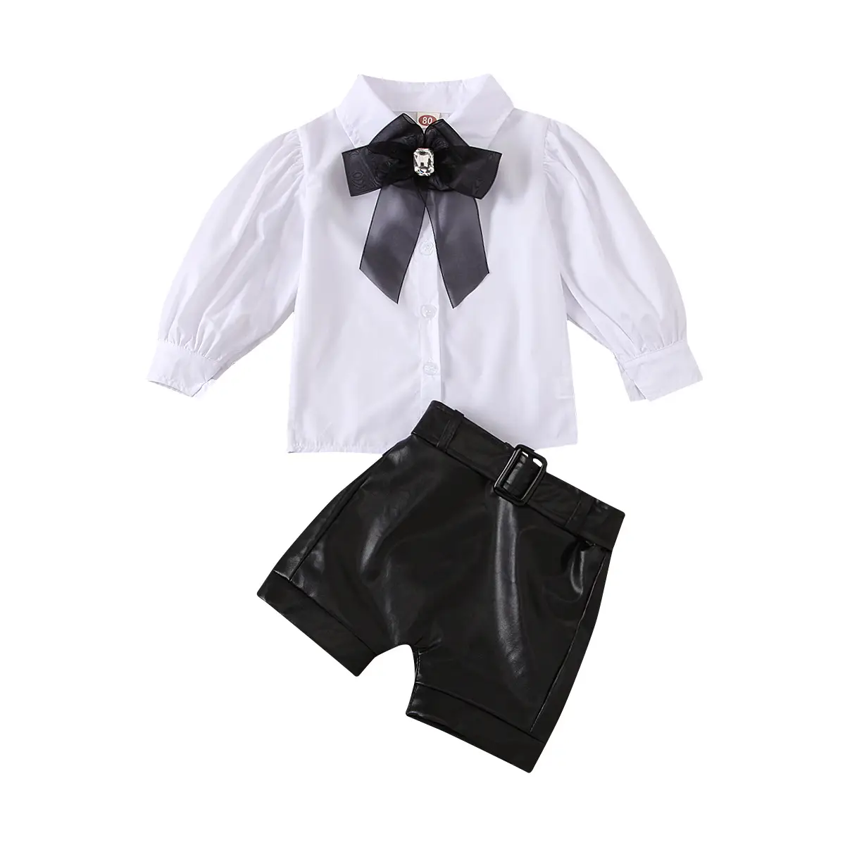 Children's Fall New Fashion Puff Sleeve White Shirt and Leather Pants Free Bow And Belt