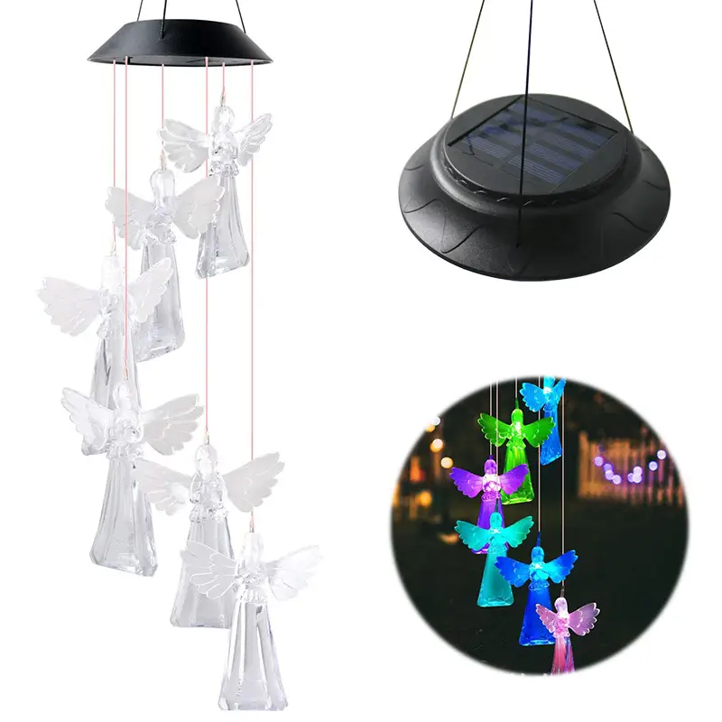 Solar Wind Chime Lamp Angel Outdoor Hummingbird Butterfly Colorful Rice Decoration