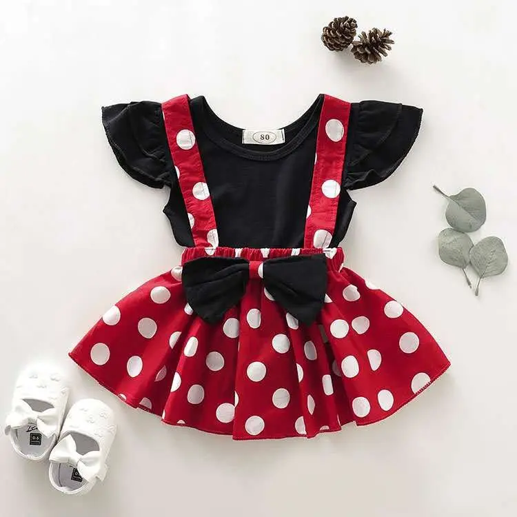 Girls' Summer Solid Color Fly Sleeve Top Dot Suspender