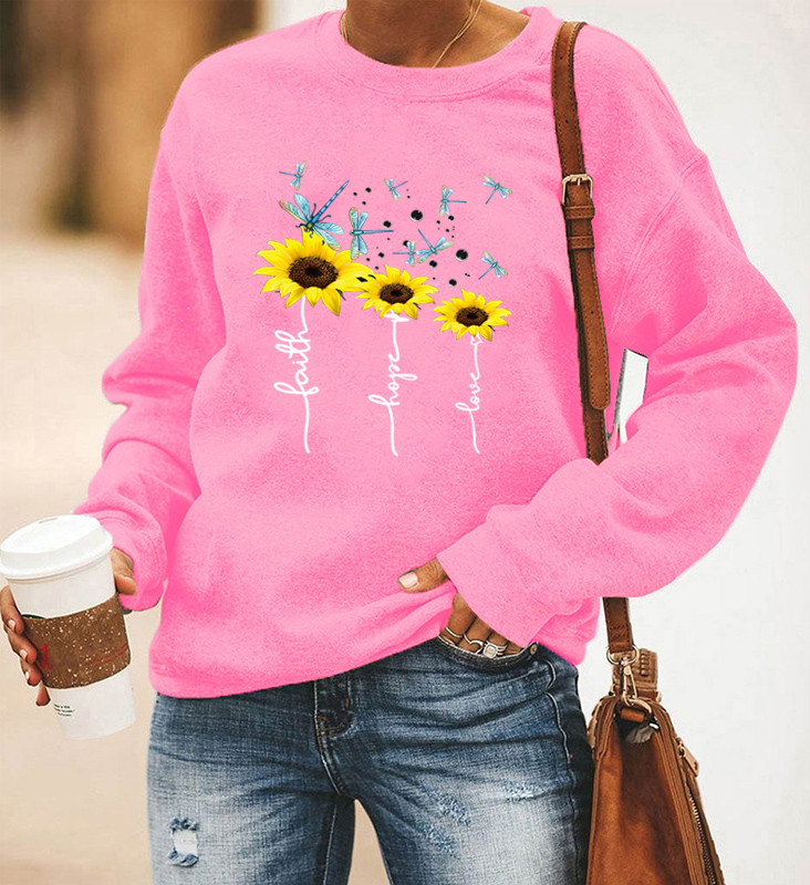 Title 2, Dragonfly Sunflower Print Long-Sleeved Round Ne...