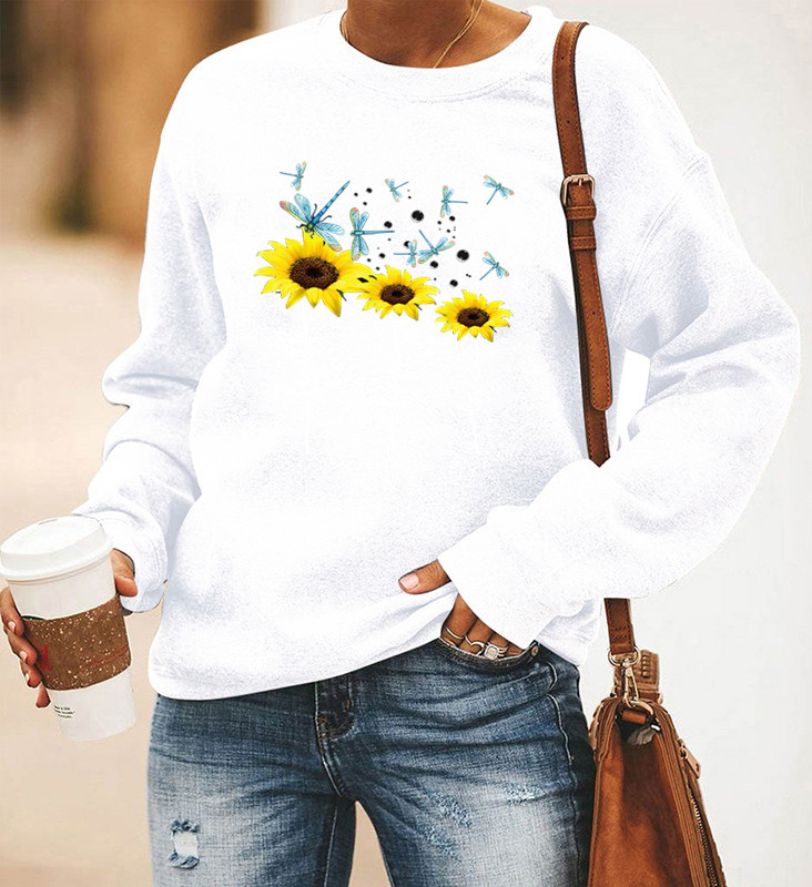 Title 4, Dragonfly Sunflower Print Long-Sleeved Round Ne...