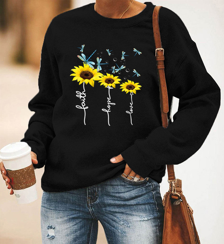 Title 3, Dragonfly Sunflower Print Long-Sleeved Round Ne...