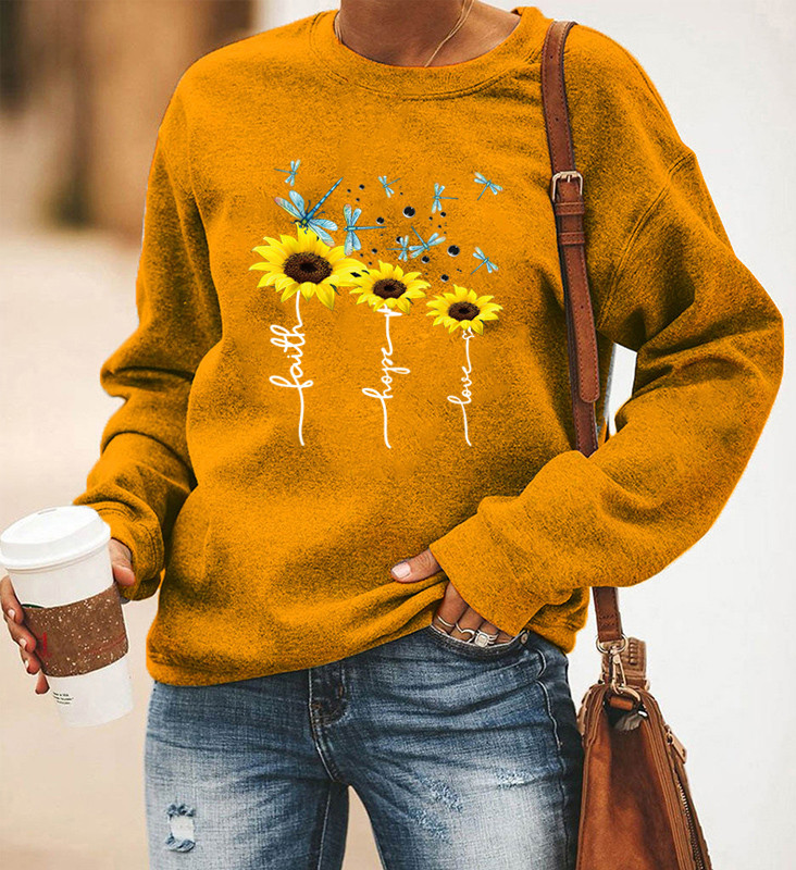 Title 6, Dragonfly Sunflower Print Long-Sleeved Round Ne...