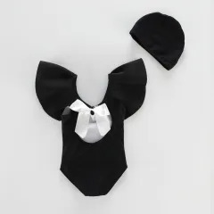 Lotus Leaf Flying Sleeves Open Back One-Piece Swimsuit For Girls - Black - View 1