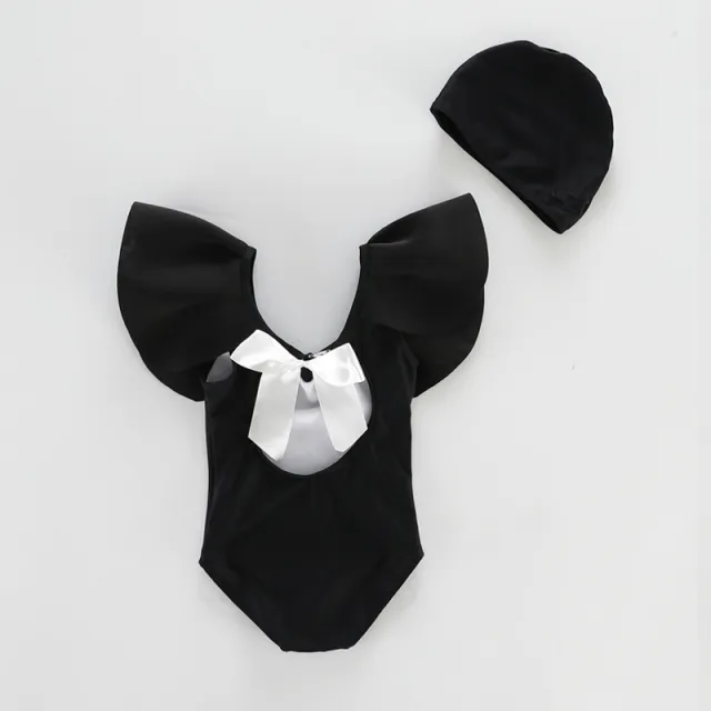 Lotus Leaf Flying Sleeves Open Back One Piece Swimsuit For Girls Black - Shop at LoveMi