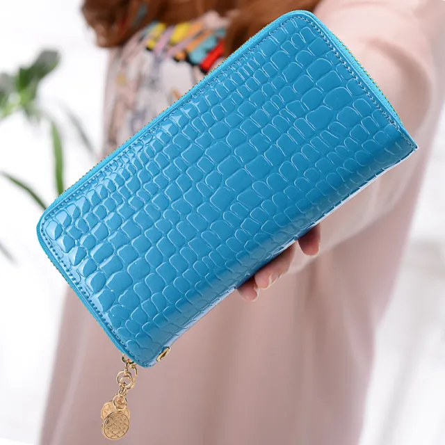 Qiman Poetry Wallet New Korean Version Of Double Zipper Ladies Large Capacity Long Wallet Patent Leather Change Mobile Phone Clutch Blue - Shop at LoveMi