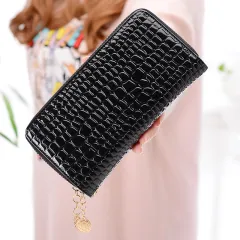 Qiman Poetry Wallet New Korean Version Of Double Zipper Ladies Large Capacity Long Wallet Patent Leather Change Mobile Phone Clutch - Black - View 1