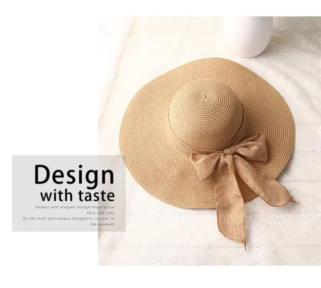 Female Ribbon Bow Knot Wide Brim Beach Hat Khaki - Shop at LoveMi