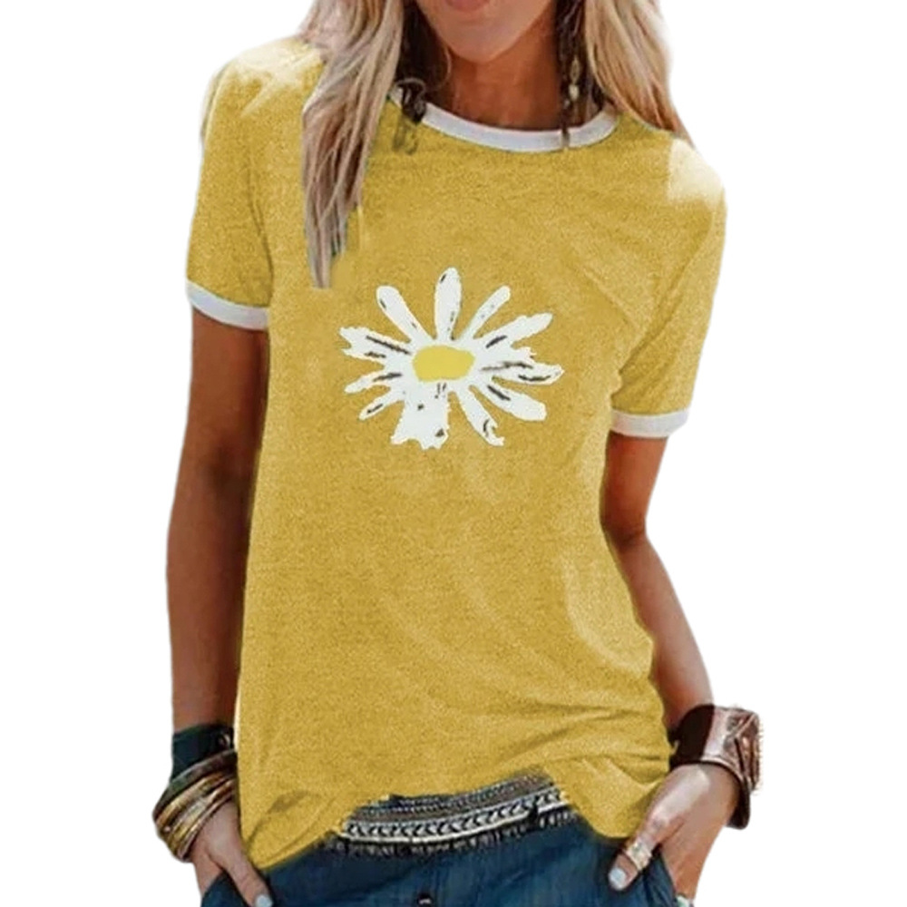 European And American Daisy Print Round Neck Short sleeved T shirt
