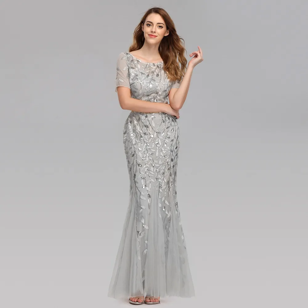 Large Size Evening Dress Foreign Trade European And American Version Pearl Mesh Fishtail Slim Sexy Women'S Clothing In Stock - Silver