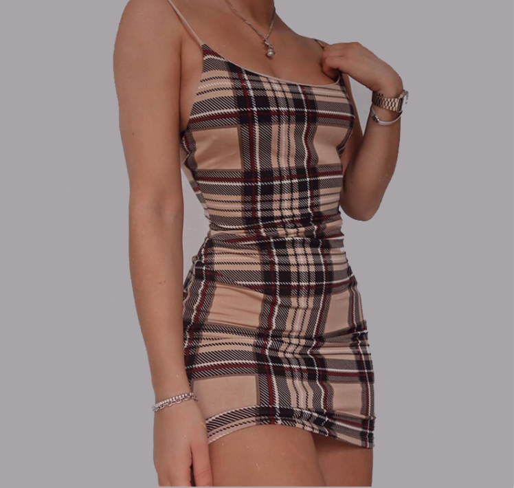 Check Print Dress With Straps