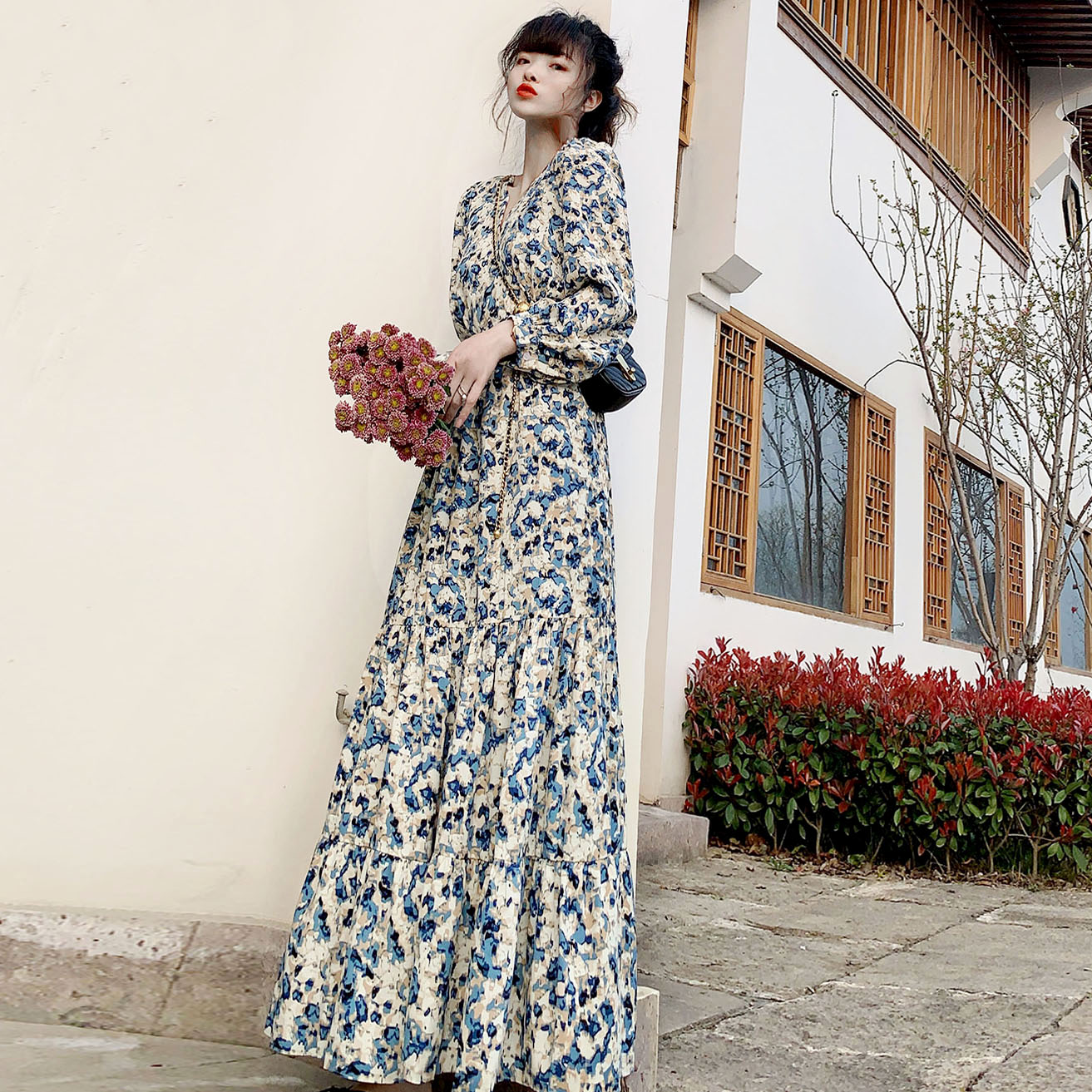 Floral Dress, V-neck Waist, Retro Fairy, Thin And Long Style And Reorganized Chiffon French Style