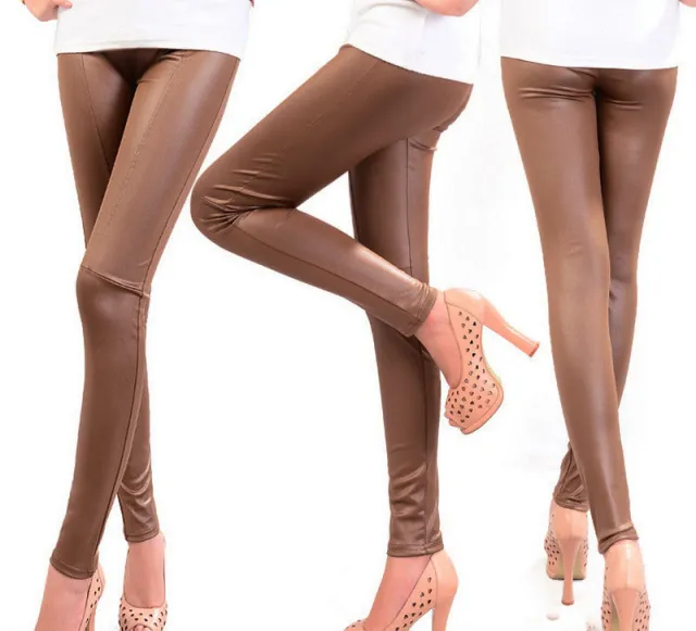 Women'S Pants Nine Points Pencil Pants Stitching Leather Pants Faux Leather Leggings Brown - Shop at LoveMi