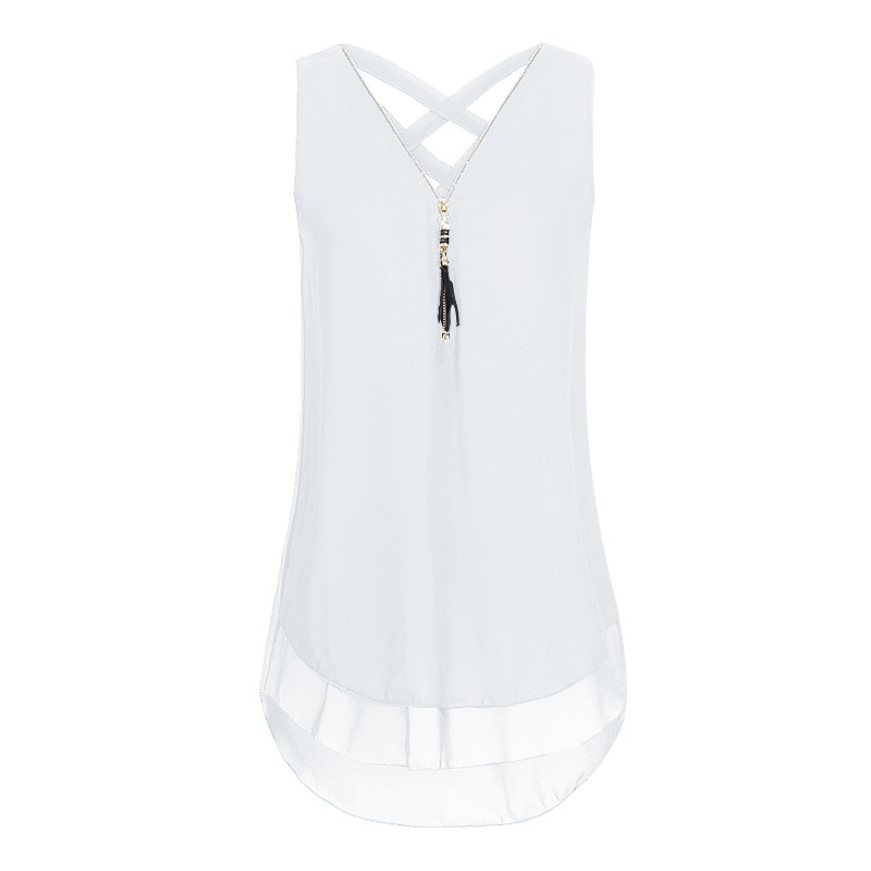 Ladies V Neck Sleeveless Zipper Cross Band Loose Chiffon Shirt Vest