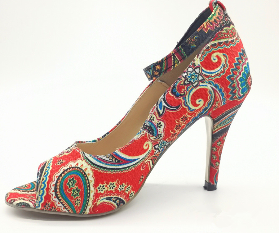 Foreign Trade New High Heeled Shoes Large Size Sandals Ethnic Printing Fish Mouth Shoes One Word Buckle  High Heeled Women'S Sandals