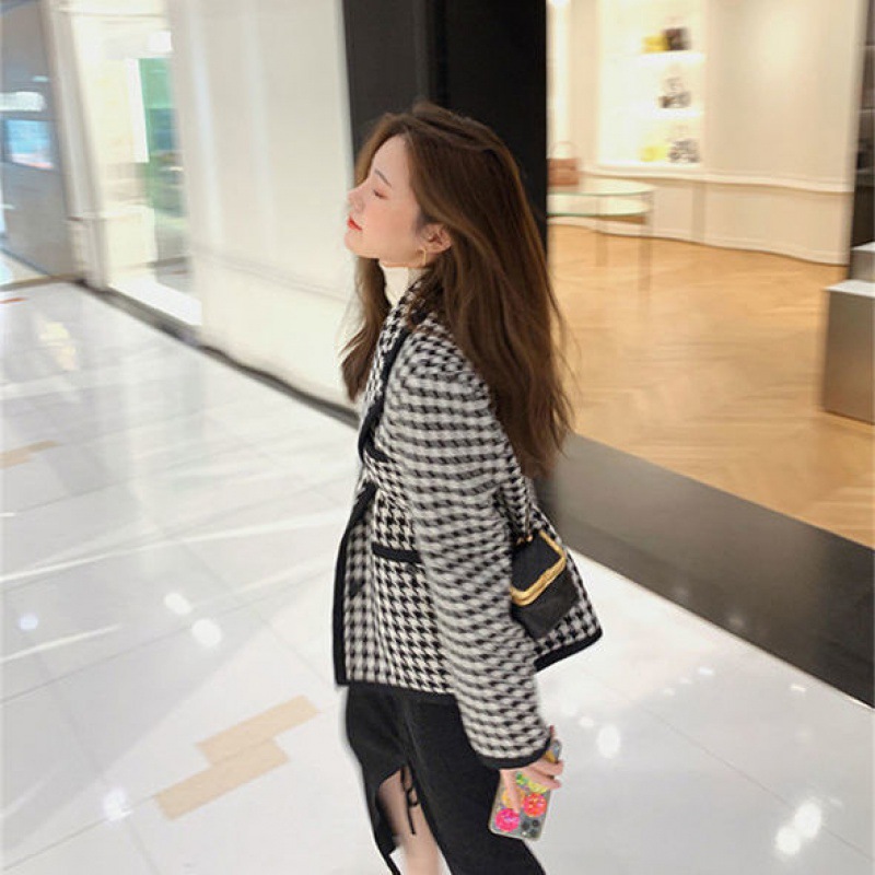 Xiaoxiangfeng Retro Thick Woolen Coat Women Spring And Autumn New Style Korean Loose Woven Plaid Suit Jacket Women