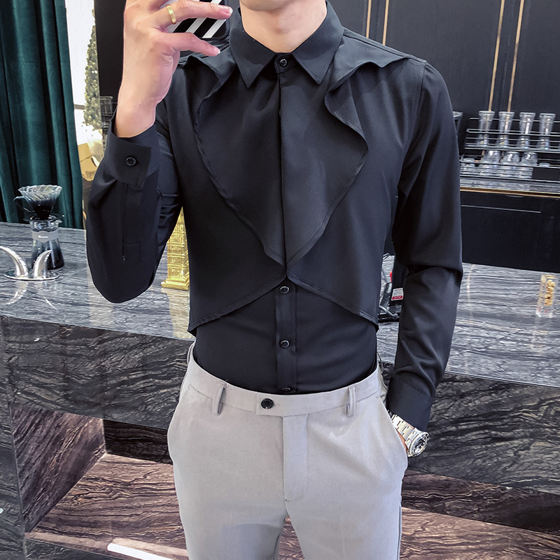 Fashionable Slim-Fit Men's Solid Color Shirt With Lotus Leaf Front