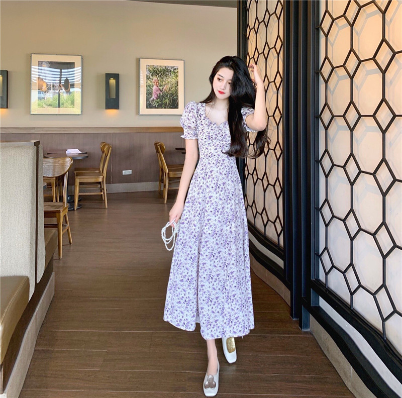French Square Neck Puff Sleeve Temperament Dress Female Spring And Autumn Super Fairy Skirt Waist Thin Floral Skirt