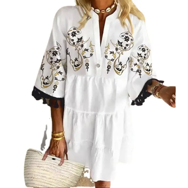 European And American Playful Temperament Printed Fringe V neck Short Dress Black - Shop at LoveMi
