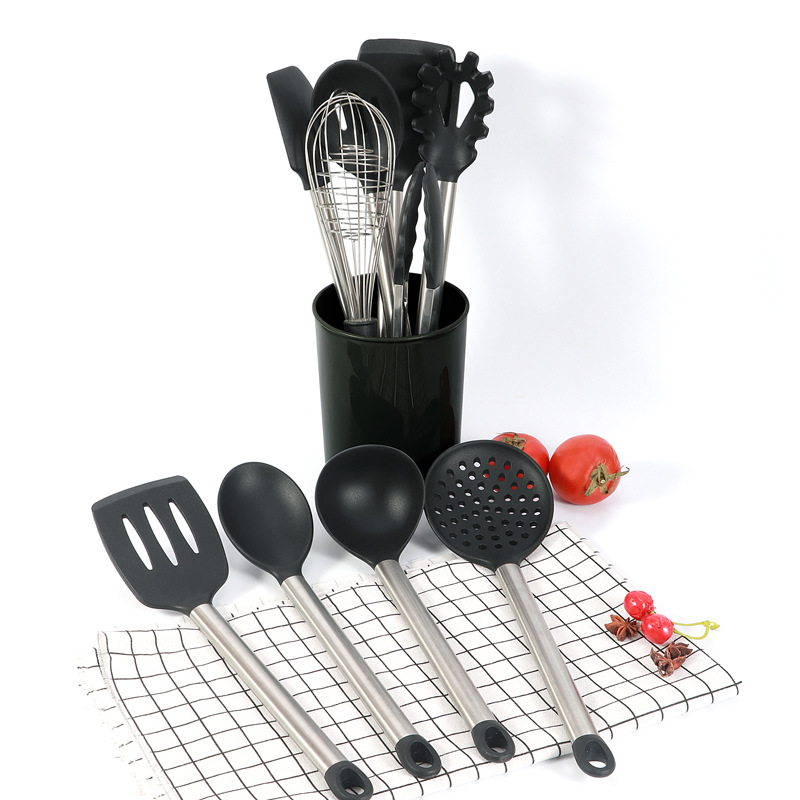 Stainless Steel Silicone Non-Stick Spatula Spoon High Temperature Resistant 11 Piece Set With Kitchen Bucket