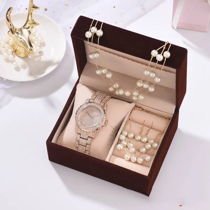 Diamond Watch Pearl Bracelet Earrings Necklace Set for Women
