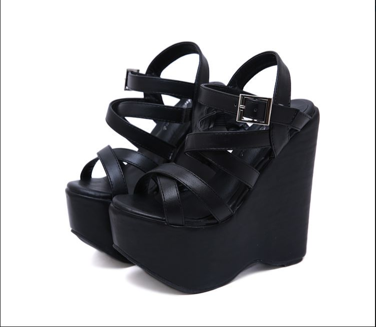 Gdgydh Height 16 Cm High Heel Platform Wedge Sandals Cross Strap Gothic Punk Style Gladiator Fish Mouth Shoes For Women Black - Shop at LoveMi