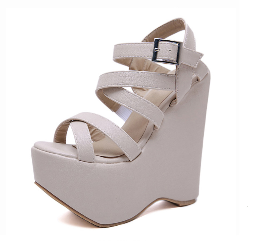Gdgydh Height 16 Cm High Heel Platform Wedge Sandals Cross Strap Gothic Punk Style Gladiator Fish Mouth Shoes For Women White - Shop at LoveMi