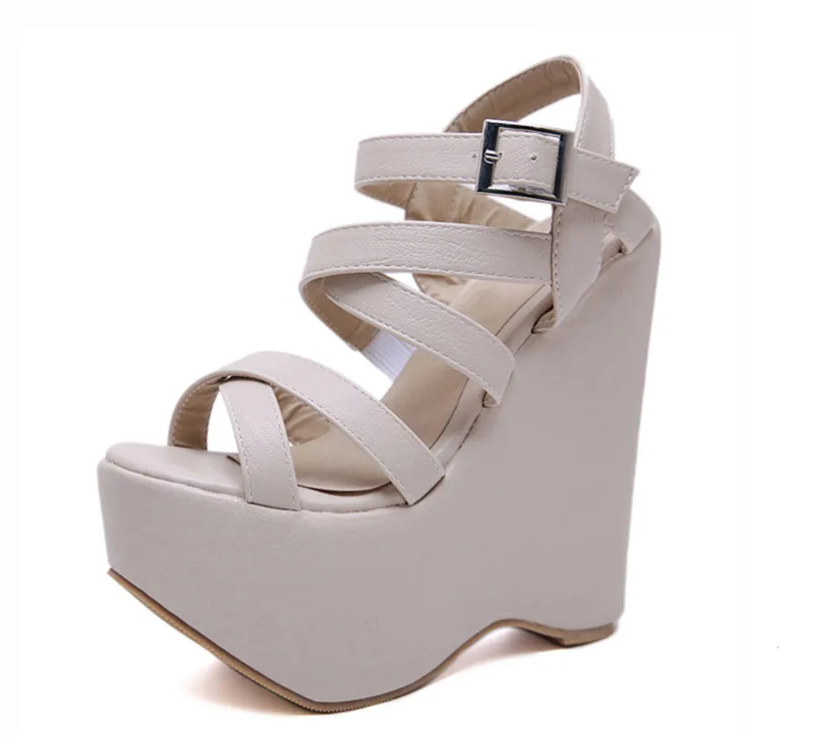 Gdgydh Height 16 Cm High Heel Platform Wedge Sandals Cross Strap Gothic Punk Style Gladiator Fish Mouth Shoes For Women - White
